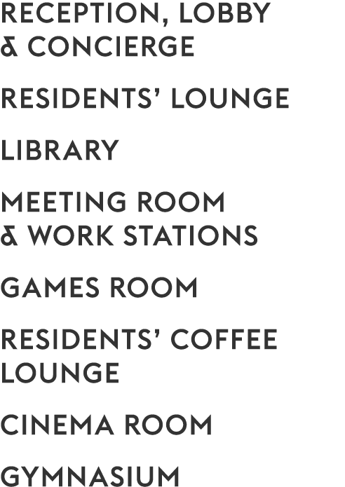 RECEPTION, LOBBY & concierge RESIDENTs’ LOUNGE LIBRARY Meeting Room & work STATIONS Games ROOM Residents’ coffee loun...